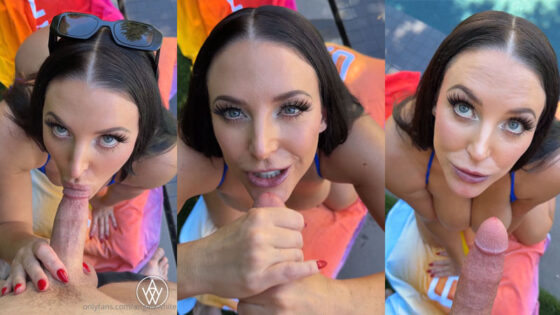 Angela White sopla una polla junto a la piscina