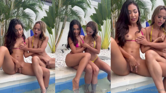 Erzabelx y Christy de los gemelos Connell juegan junto a la piscina